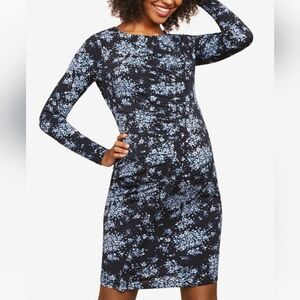 Motherhood Maternity Black Blue Floral Long Sleeve Ruffle Midi Dress Size Small